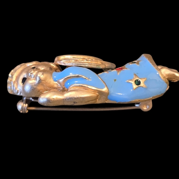 Rare Find Gold Tone Blue Angel W/ Rhinestone Halo Stars, Gold Wings Vintage 80's - Picture 6 of 12